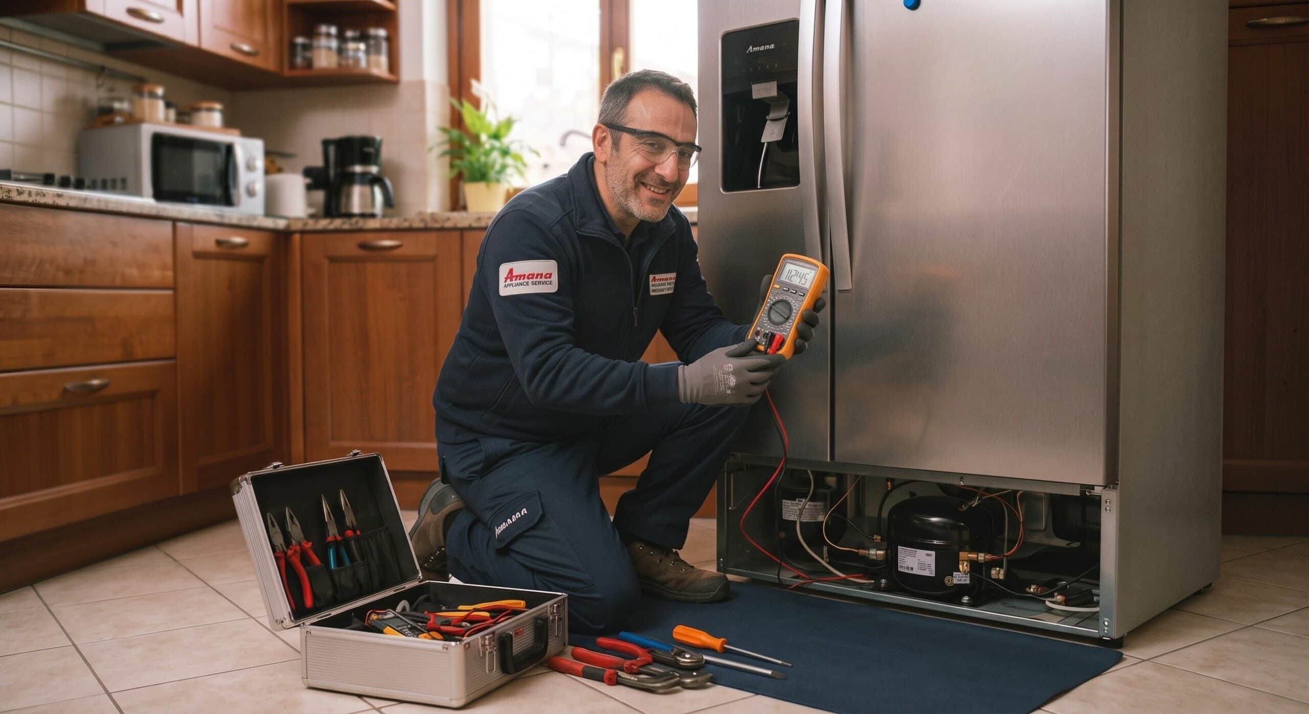Tecnico specializzato in assistenza per un grande frigorifero Amana side-by-side in una cucina moderna Trieste